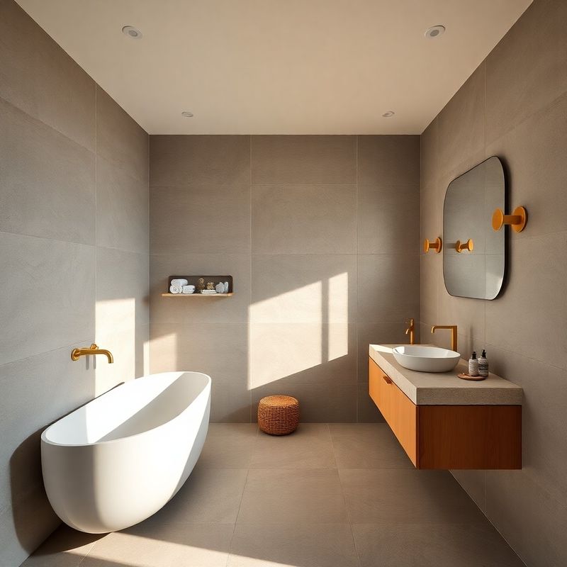 Baño reformado con azulejo gran formato gris y grifería en tono latón cálido