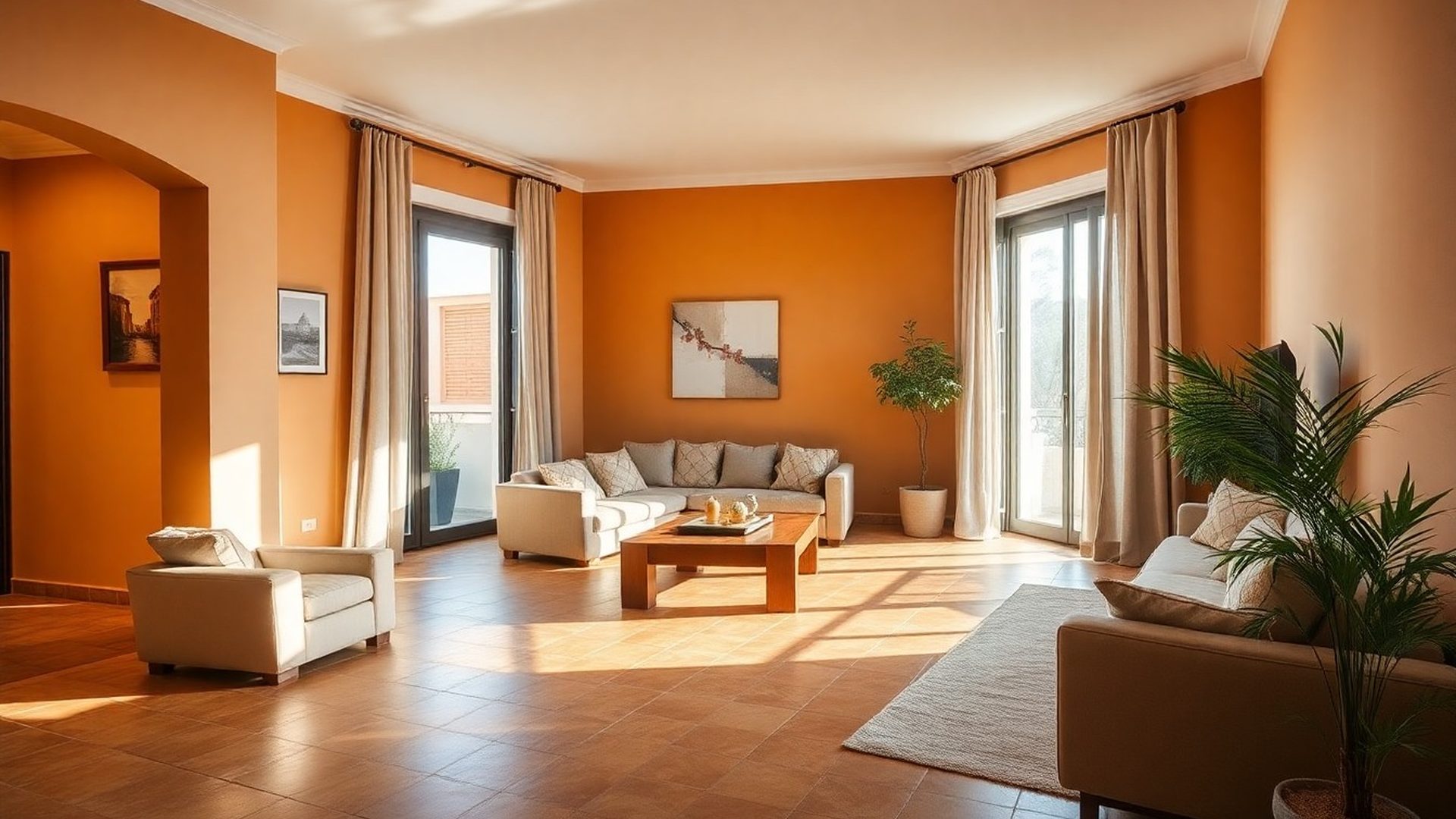 Salón de una vivienda valenciana reformada con luz cálida ámbar dorada