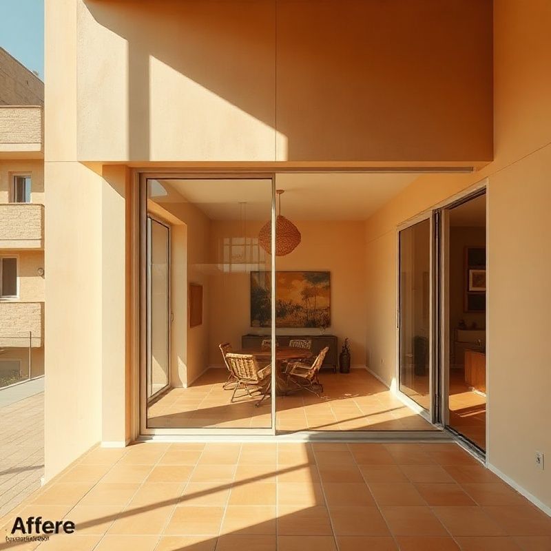 Galería cerrada con carpintería de aluminio y luz cálida vespertina en Valencia