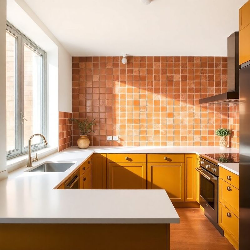 Cocina en L con azulejo terracota y encimera de cuarzo blanco en El Carmen