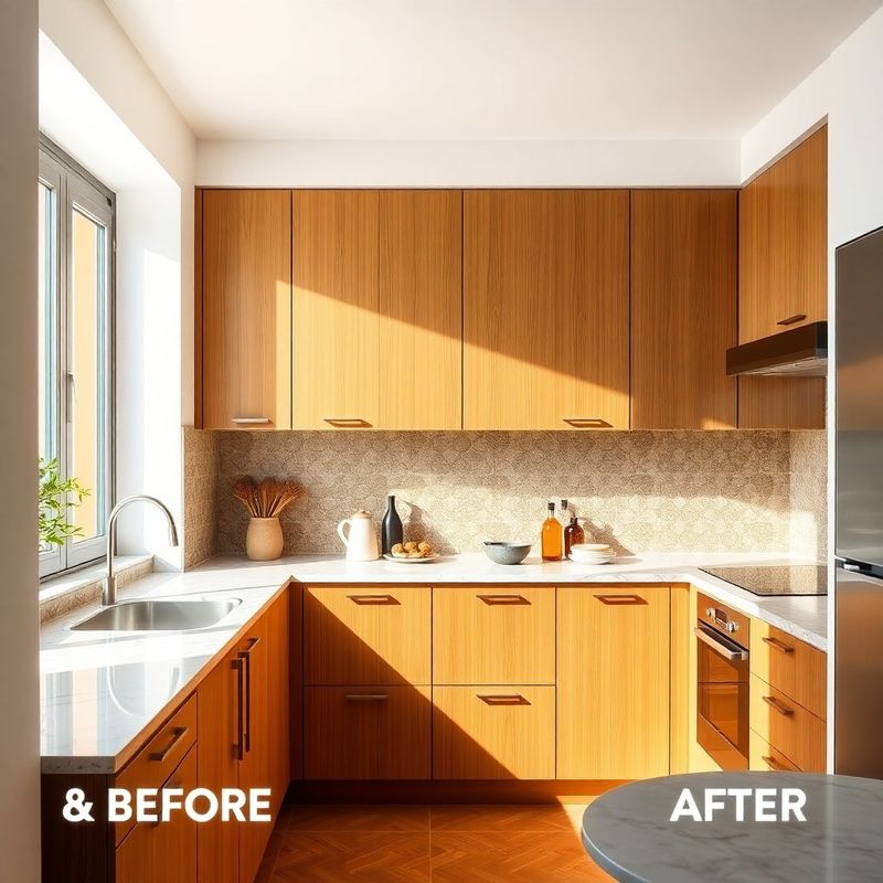 Cocina reformada en Valencia con muebles color roble ámbar dorado y encimera de cuarzo